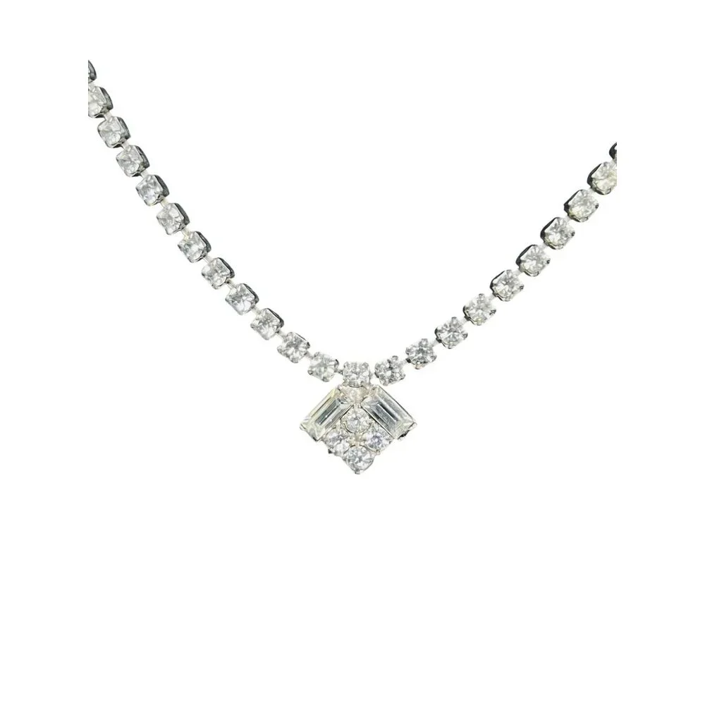 Silver Tone And Clear Rhinestone Choker Necklace With Hook Clasp  (6191) - Picture 2 of 6